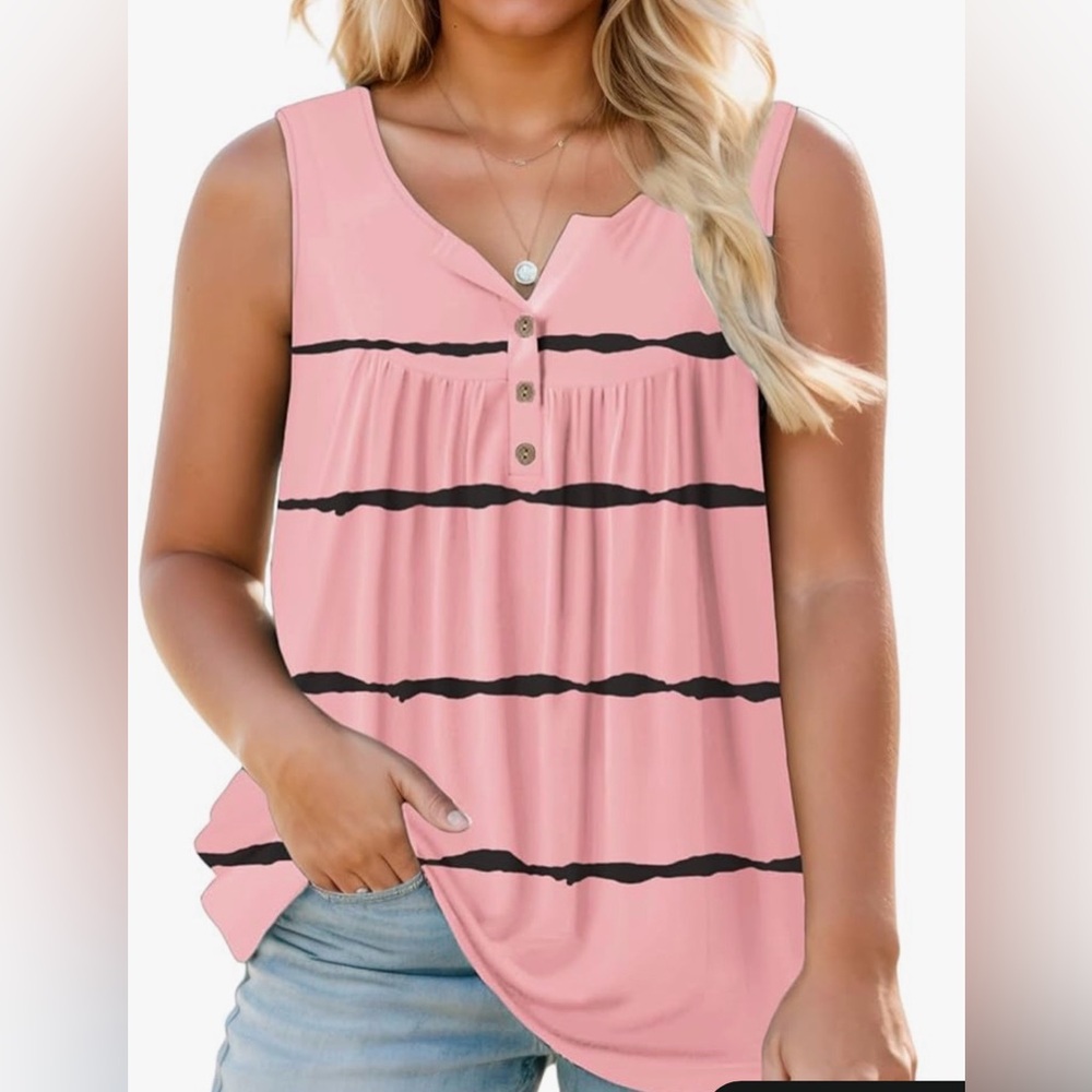 PLUS SIZE Sleeveless Pink Stripe Henley Tank Top NWOT